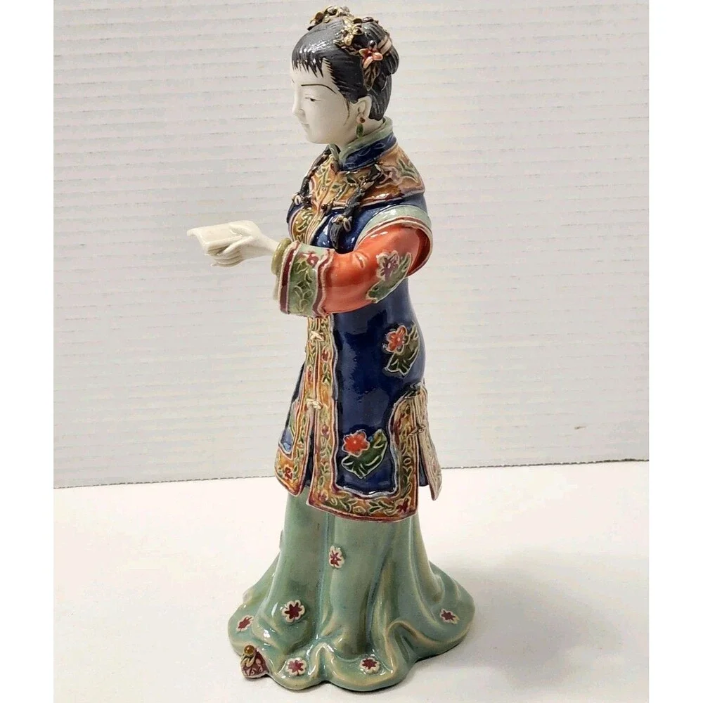 Shiwan Chinese Porcelain Standing Court Lady Figurine Reading Book Scroll EUC